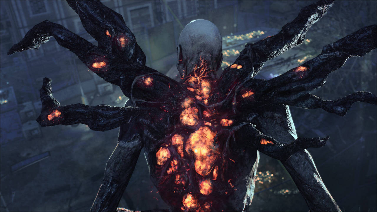Dying Light 2 Stay Human - widok na zombie mutanta zza jego pleców. Ma wiele odnóży niczym pająk