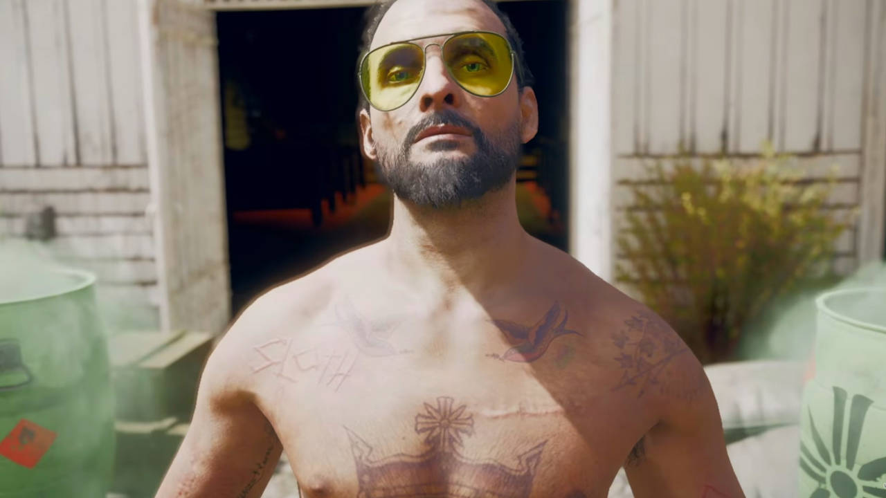 Far Cry 6 - Far Cry 5 - Joseph Seed topless w żółtych okularach - zbliżenie na twarz