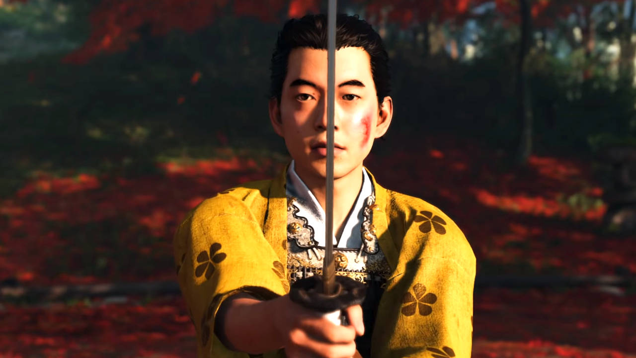 Ghost of Tsushima Director's Cut - mężczyzna w żółtym kimono trzyma katanę w bojowej pozycji