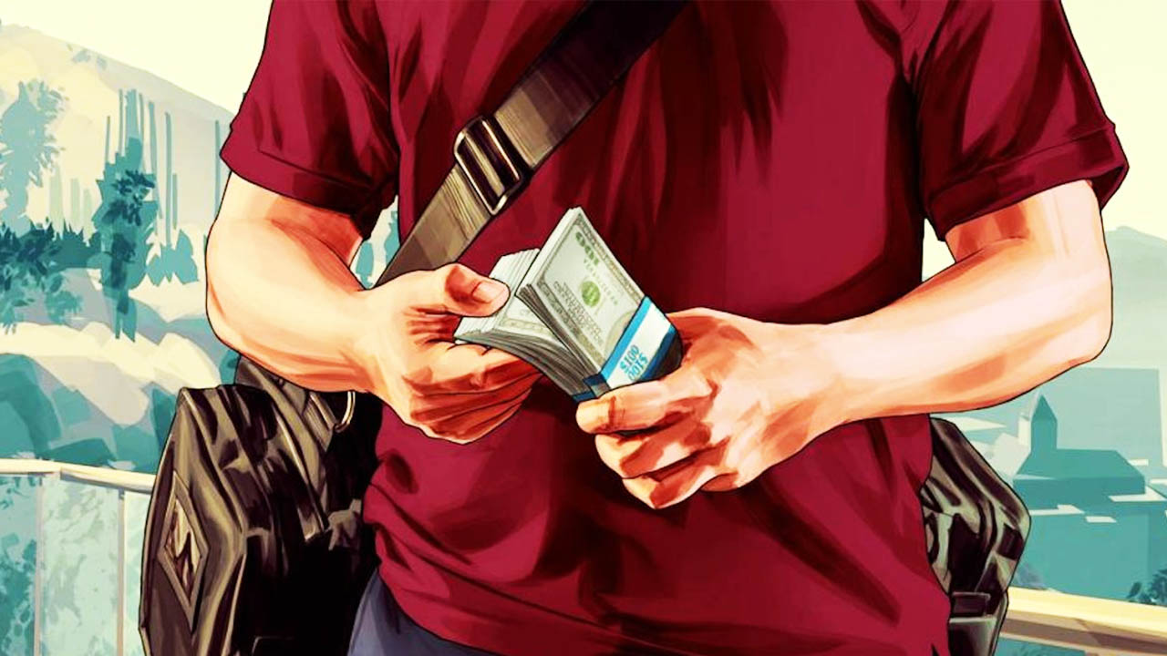 GTA V - postać trzymająca pieniądze