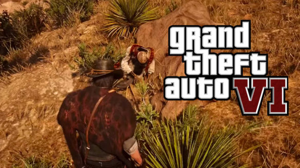 logo GTA VI na kadrze z Red Dead Redemption 2 - mężczyzna odnajduje ciało kardynała