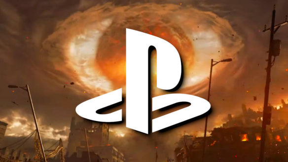 Logo PlayStation na tle eksplozji po wybuchu bomby