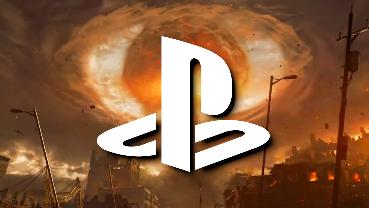 Logo PlayStation na tle eksplozji po wybuchu bomby