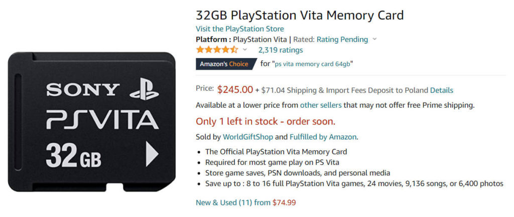 PS Vita Memory Card 32 GB - Amazon SS - zrzut ekranu pokazujący cenę 245$ za kartę pamięci do PS Vita