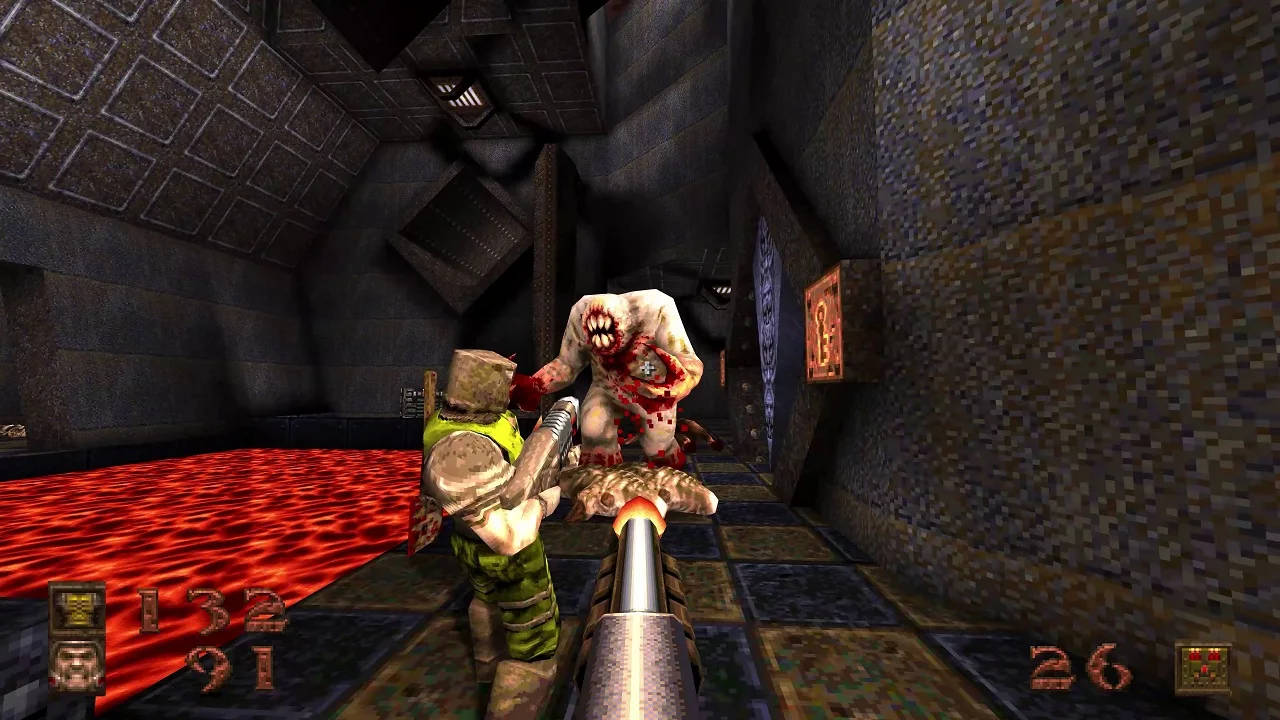 Quake - dwójka graczy strzela do przeraźliwego potwora