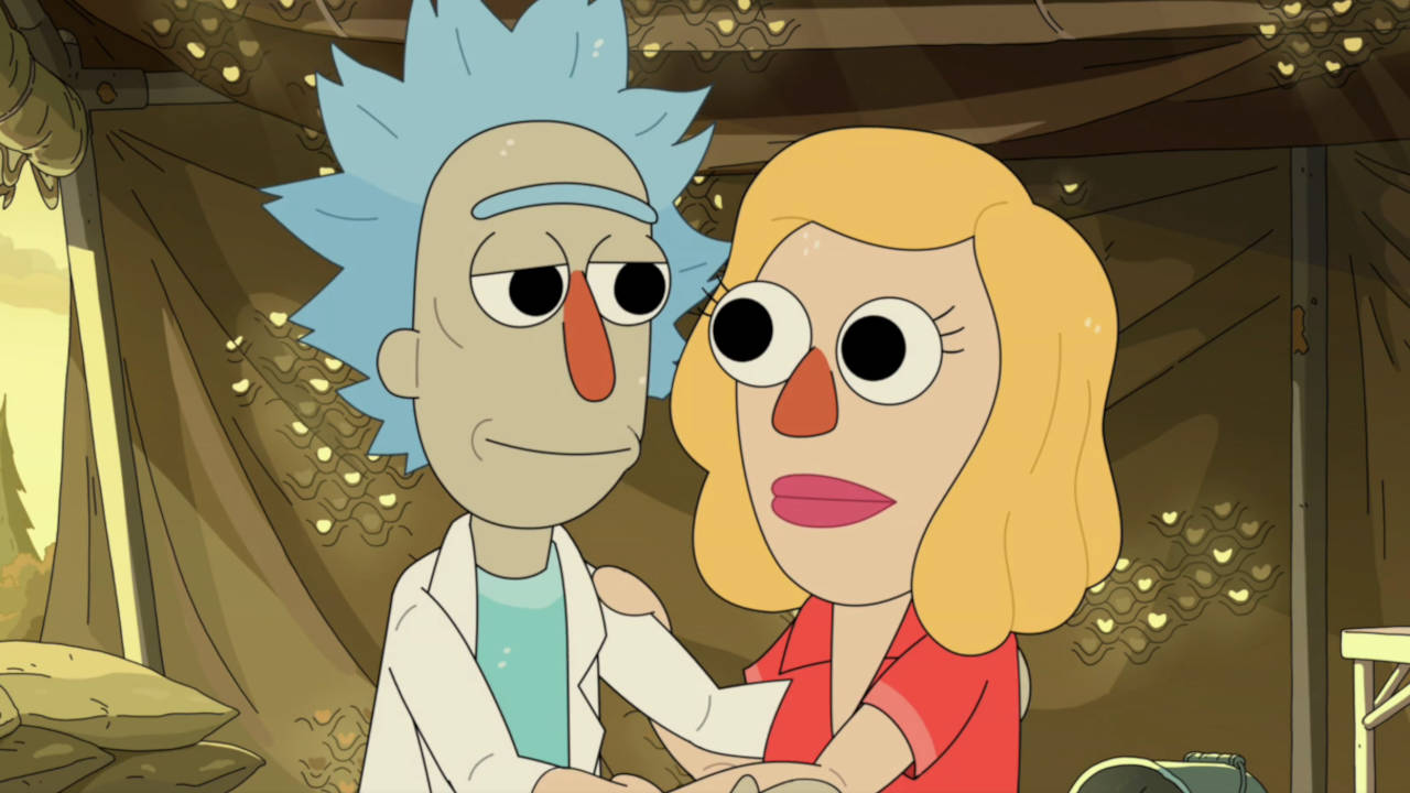 Rick and Morty - Rick i Beth w przebraniach muppetopodobnych przytulają się