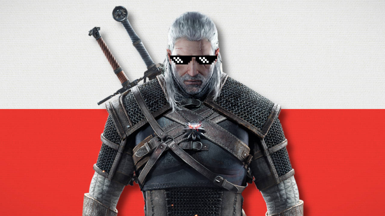 Wiedźmin 3 Dziki Gon - Geralt w swaggerskich okularach na tle flagi Polski