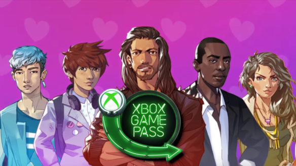 Xbox Game Pass - Boyfriend Dungeon - logo usługi na tle mężczyzn-mieczy z gry