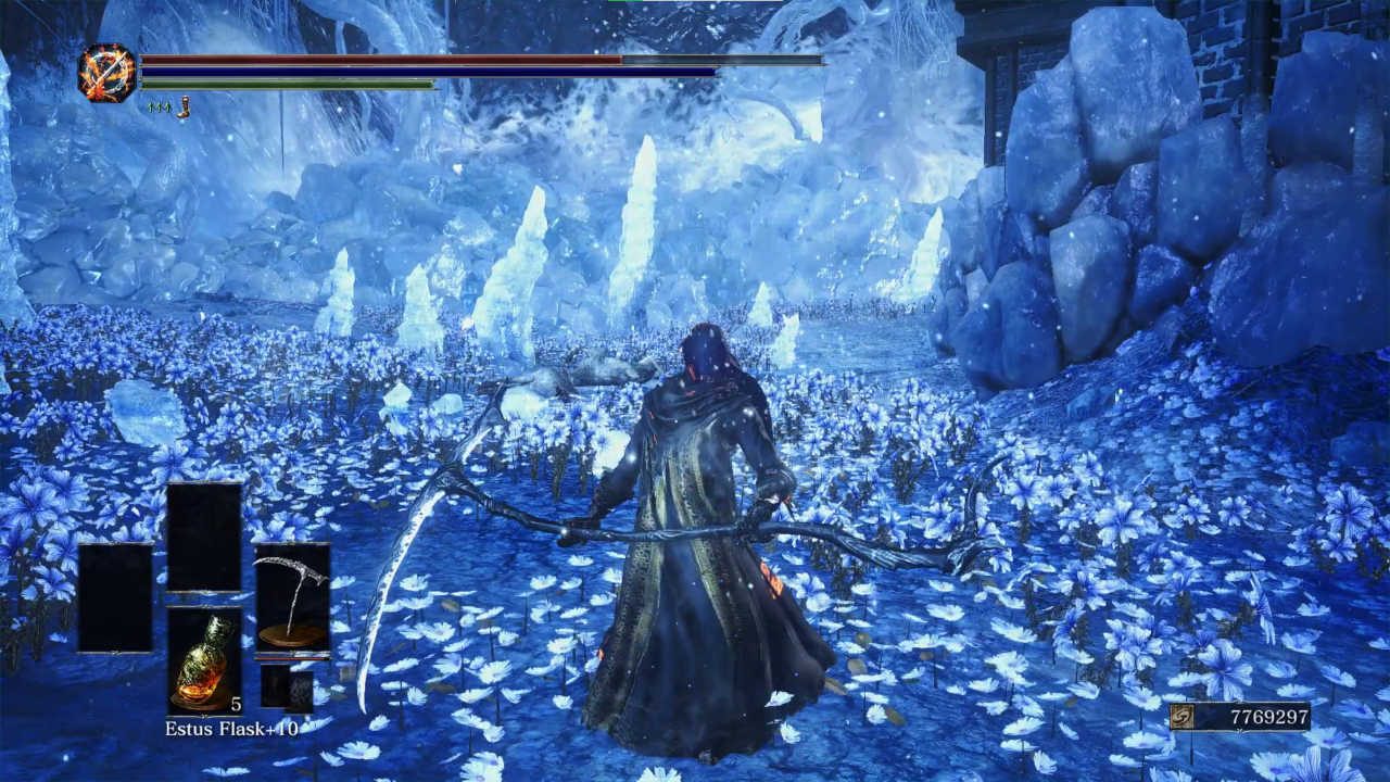 Dark Souls 3 - mod na wcielanie się w bossów - kostucha z ogromną kosą w lodowej jaskini - PG