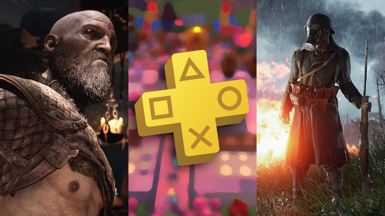 Kratos z God of War ma zdziwioną minę, logo PS Plus na tle rozmazanego kadru z Overcooked, żołnierz w masce z Battlefield 1