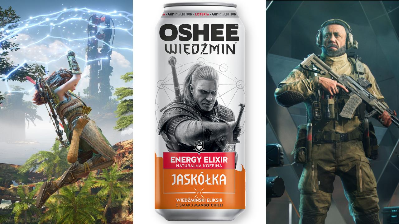 DoGRYwka - Aloy z Horizon Forbidden West leci na cybernetycznym parasolu. Puszka Jaskółki od Oshee z grafiką z Geraltem z Wiedźmin 3: Dziki Gon oraz żołnierz-inżynier z Battlefield 2042