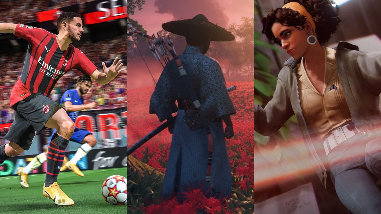 piłkarz z FIFA 22 goni za piłką, zbliżenie na głównego bohatera z Ghost of Tsushima i morderczyni z Deathloop w dynamicznej pozie strzela do wrogów