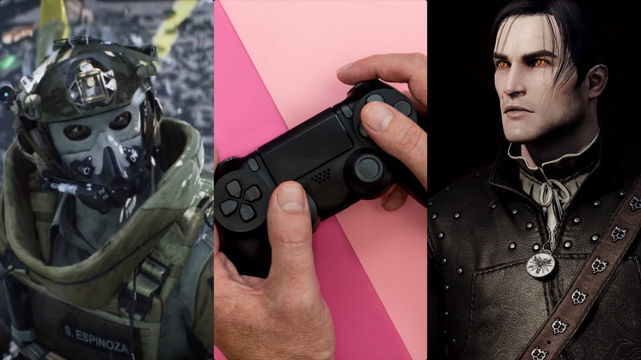 żołnierz z Battlefield 2042, kontroler DualShock 4, czarnowłosy Geralt z Wiedźmin 3: Dziki Gon