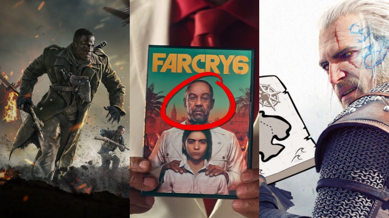 Żołnierz z Call of Duty: Vanguard, złol z Far Cry 6 trzyma w rękach grę Far Cry 6, Geralt zdziwiony trzyma mapę świata gry