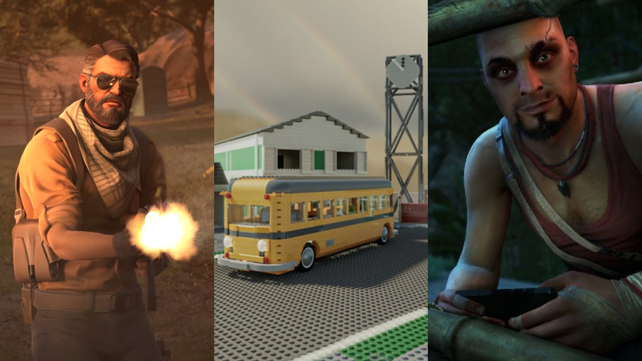 CS: GO operacja Riptide - gracz strzela z AK-47, mapa Nuketown odtworzona z klocków LEGO (Call of Duty) i Vaas z Far Cry 3 gra na telefonie