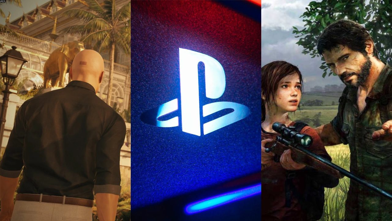 Hitman w ładnej koszuli idzie na ekskluzywną imprezę, podświetlone logo PlayStation, Ellie i Joel z The Last of Us uczą się strzelać