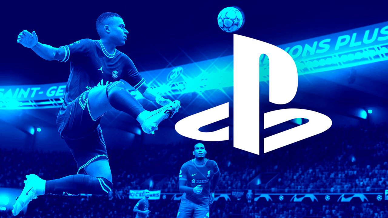 Nowe gry na PS4 - PS5 - kadr meczu z FIFA 22 w niebieskim filtrze z nałożonym logo PlayStation