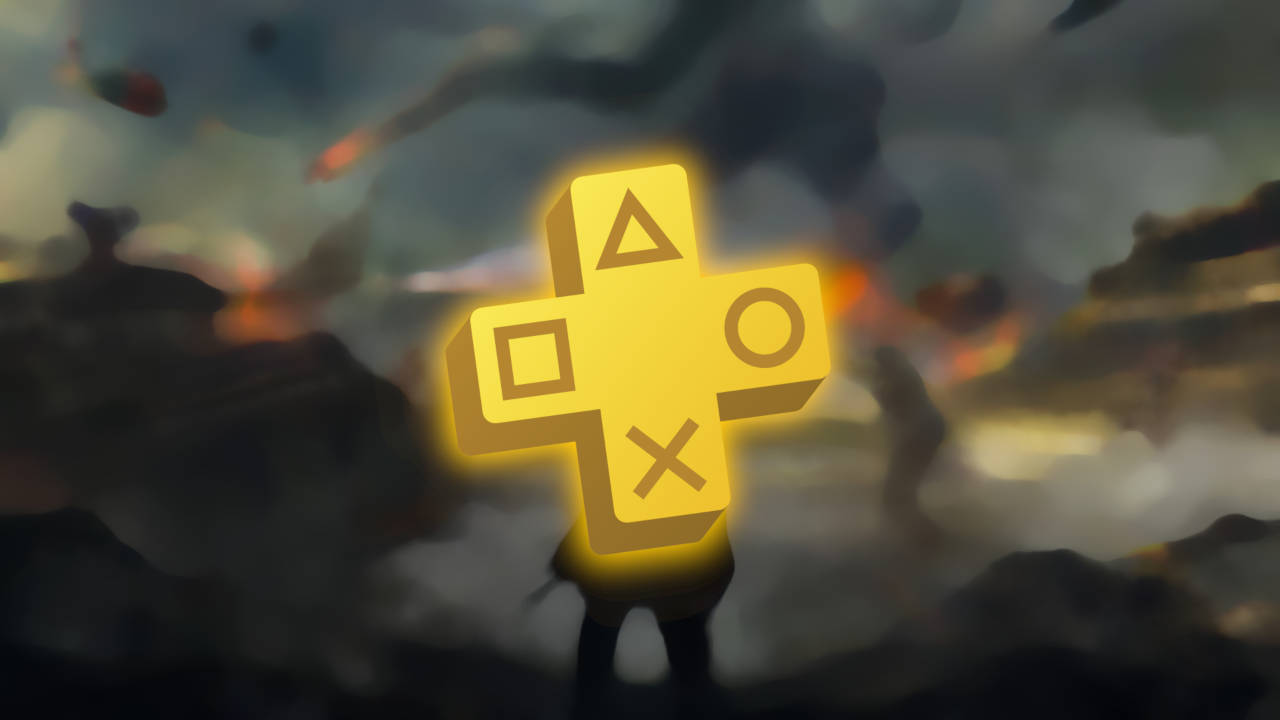 PS Plus październik 2021 - logo PS Plus na tle grafiki z poligonu z Hell Let Loose (rozmycie gaussowskie)