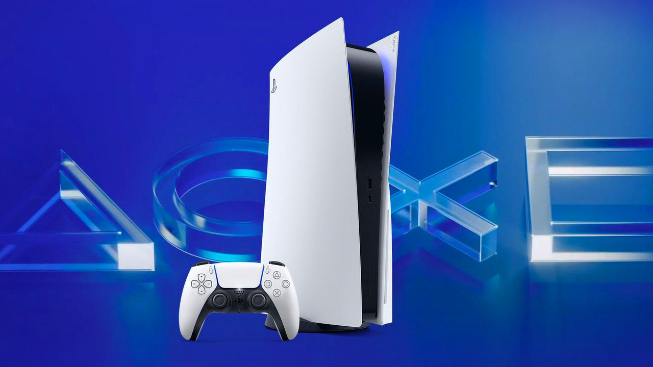 PS5 - konsola na tle symboli PlayStation