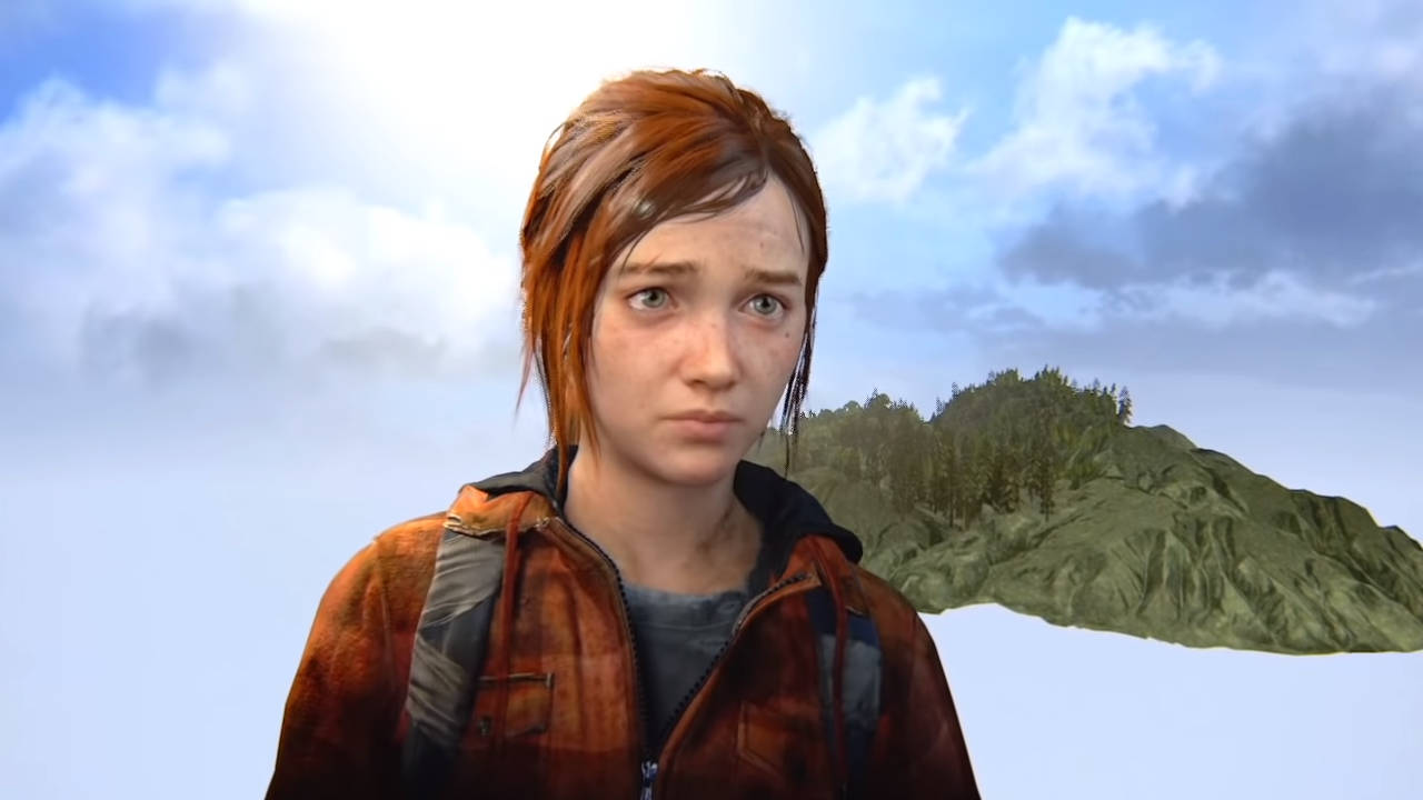The Last of Us 2 - Ellie stoi na tle wszechotaczającego nieba (bez podłoża), na tle fragment gór z płaskimi teksturami drzew z zastosowaną technologią Billboard