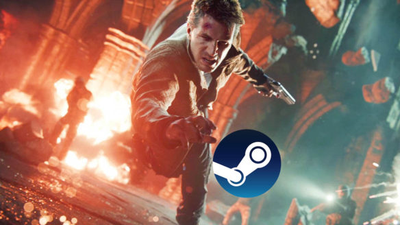 Uncharted na PC - Nathan Drake łapiący logo Steam