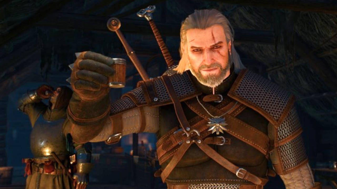 Wiedźmin 3 - Geralt trzyma trunek do toastu i się cieszy, że zaraz się napije
