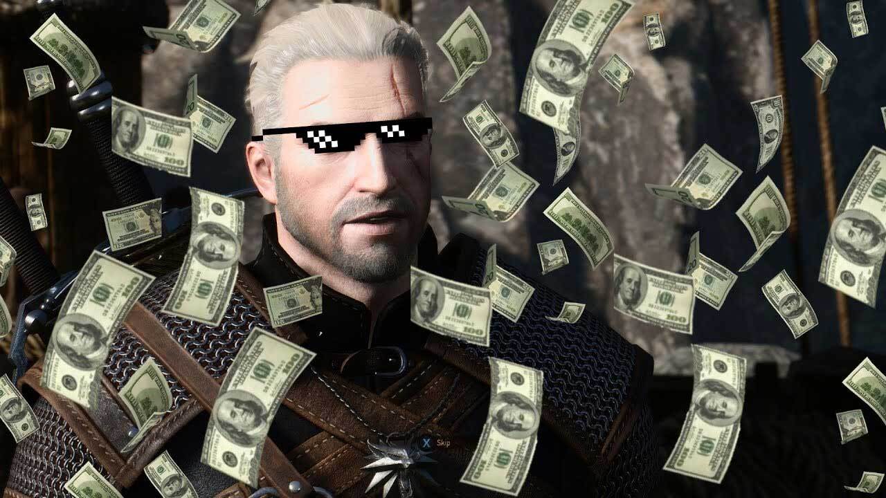 Wiedźmin 3: Dziki Gon - Geralt obsypany pieniędzmi w okularach SWAG