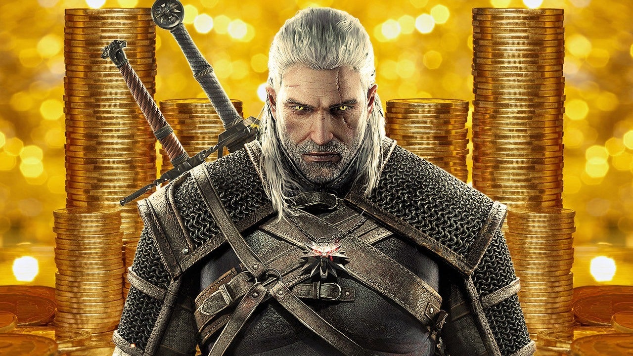 Geralt z pieniędzmi w tle.