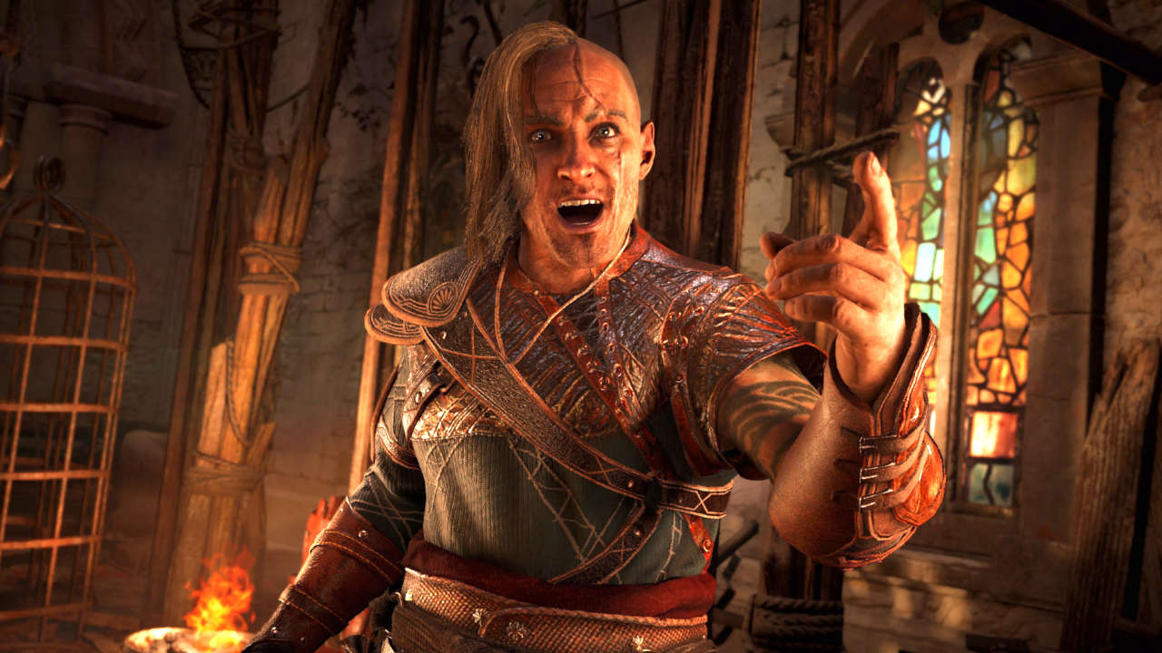 Assassin's Creed Valhalla - stanowczy NPC z pochodnią gestykuluje ręką - PG