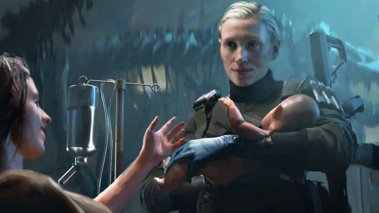 Battlefield 2042 - concept art Maria Fleck trzyma dziecko świeżo upieczonej mamy na rękach