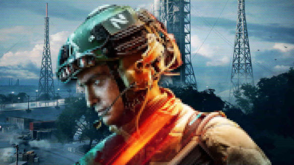 Battlefield 2042 - rozpikselowany żołnierz na tle mapy Kosmodron - PG