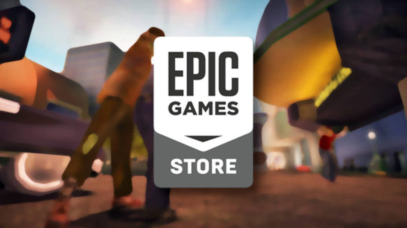 Darmowe gry Epic Games Store - logo na tle rozmazanej grafiki z zombie atakującym człowieka