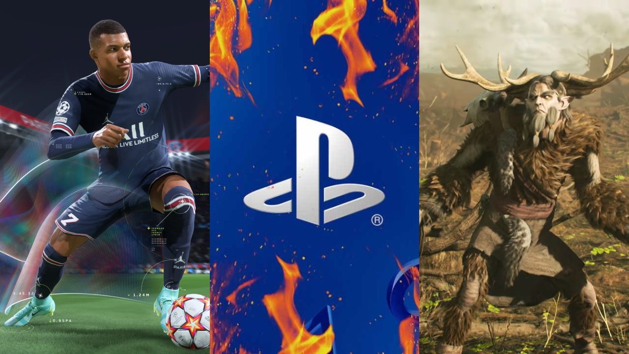 Piłkarz z FIFA 22 biegnie za piłką, logo PlayStation w płomieniach, wkurzony Leszy