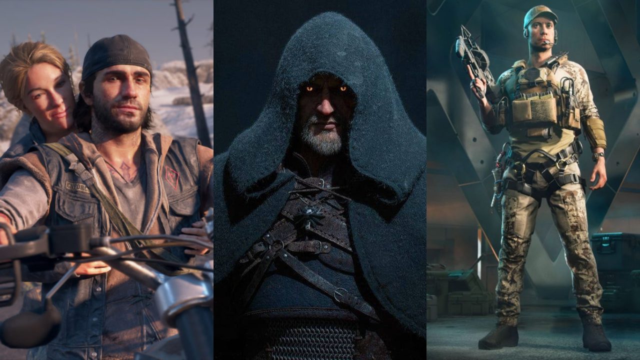 Bohaterowie Days Gone jadą szczęśliwi na motocyklu, Geralt z Wiedźmin 3 Dziki Gon w kapturze, żołnierz z Battlefield 2042