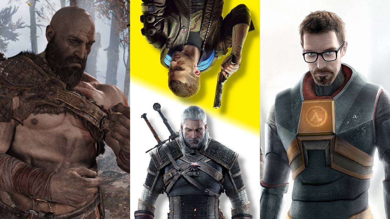 Kratos z God of War w lesie, Geralt i Vi z Wiedźmin 3: Dziki Gon i Cyberpunk 2077 oraz Gordon Freeman z Half-Life 2