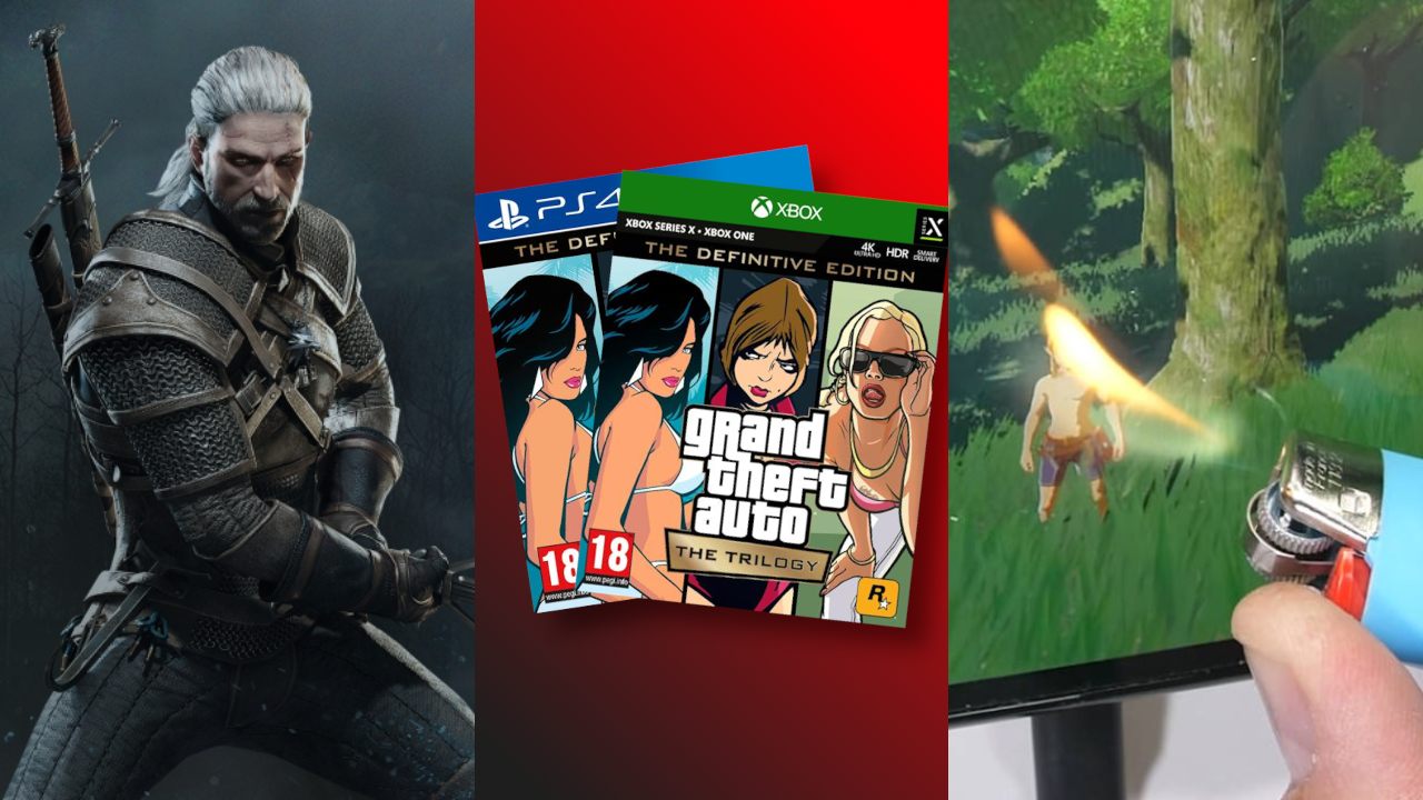 DoGRYwka - Geralt z gry Wiedźmin 3 Dziki Gon, okładki pudełkowego wydania na Xbox i PS4 gry GTA The Trilogy - The Definitive Edition, podpalanie zapalniczką konsoli Nintendo Switch OLED
