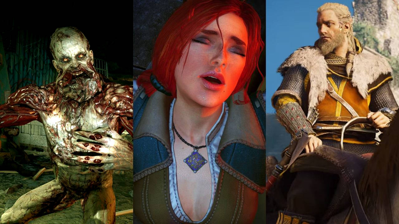 Stwór z Dying Light, wzdychająca Triss z Wiedźmin 3: Dziki Gon i Eivor na koniu w nowych, złotych przedmiotach z gry Assassin's Creed Valhalla