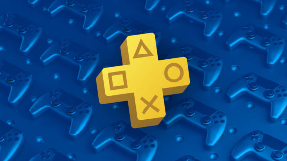 Logo PS Plus na tle kontrolerów