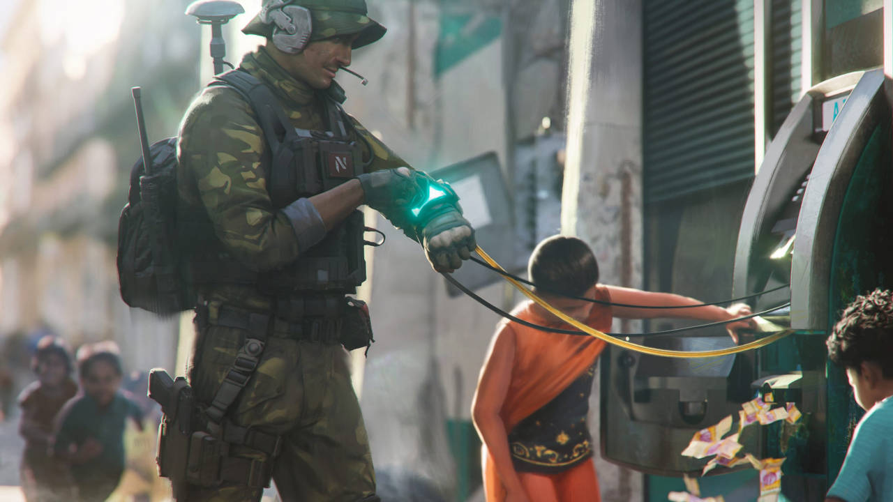 Battlefield 2042 - NAVIN RAO concept art - żołnierz hakuje bankomat, by dać dzieciom pieniądze