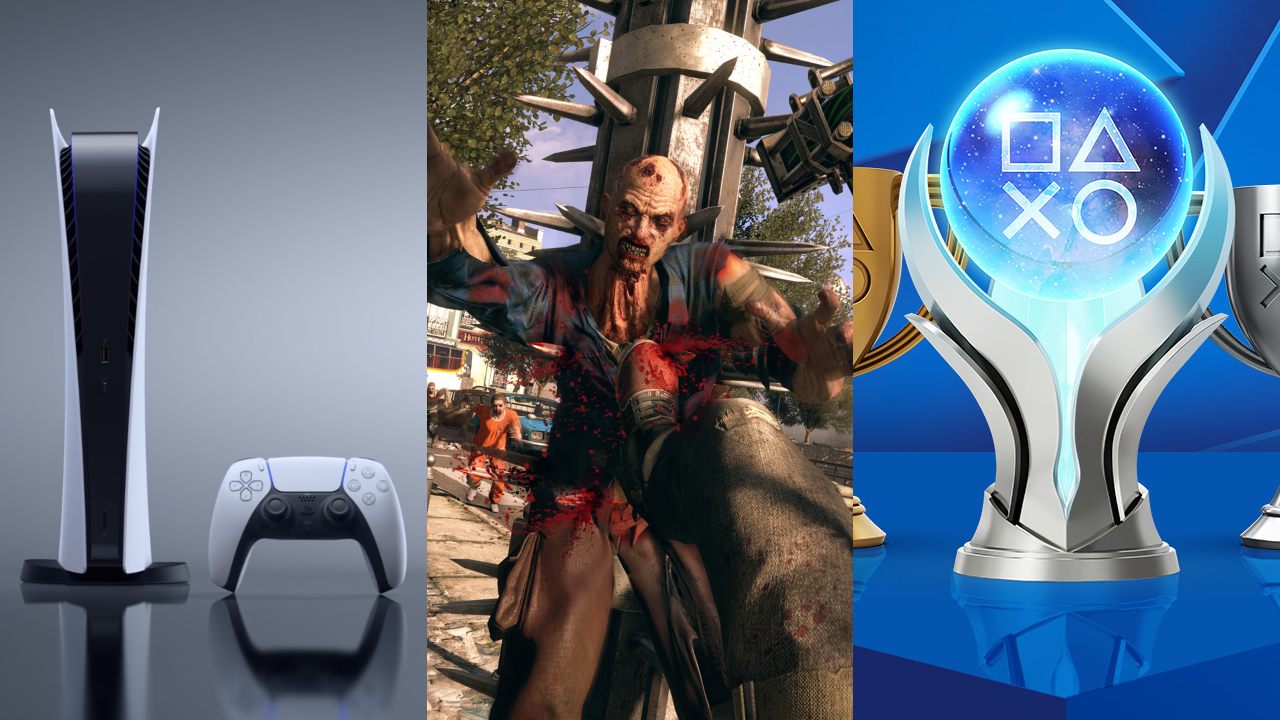Konsola PS5 i DualSense, rozgnieciony zombie z Dying Light i trofeum z PlayStation