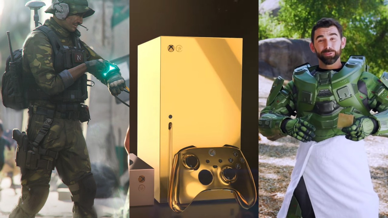 Żołnierz z Battlefield 2042 sprawdza coś na zegarko-podobnym sprzęcie, Xbox Series X ze złota, mężczyzna przebranych za żołnierza z Halo w ręczniku z mydłem w ręce