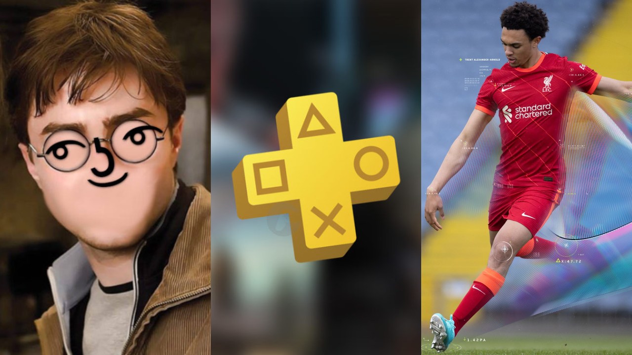 Harry Potter z Lenny Face na twarzy, logo PS Plus na tle gier z PlayStation, piłkarz z FIFA 22 biegnie za piłką