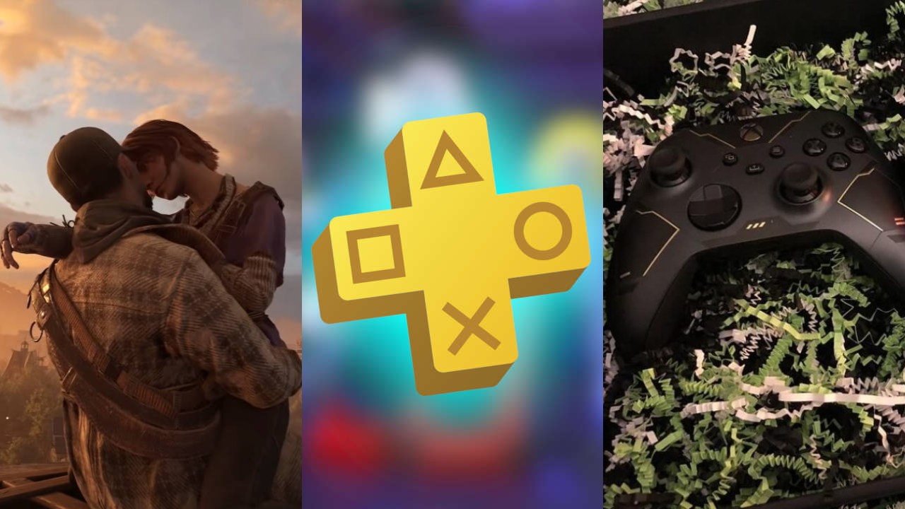 para całująca się na dachu w Dying Light 2, logo PS Plus na tle gry LEGO DC Super-Villains, prezent w formie kontrolera Xbox