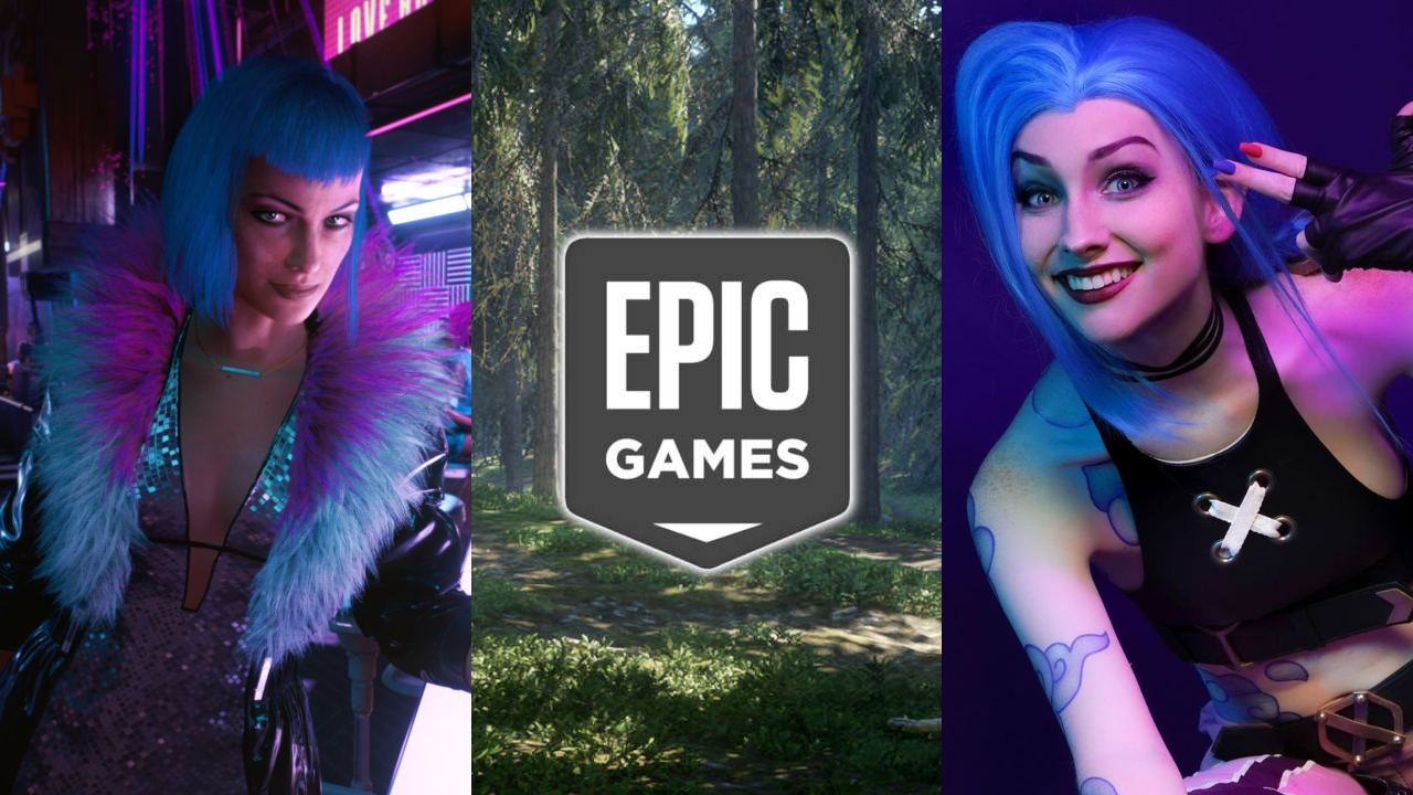 Darmowe gry na Epic Games Store, niebieskowłosa postać w barze z Cyberpunk 2077, cosplay Jinx z Arcane (serial Netflix)