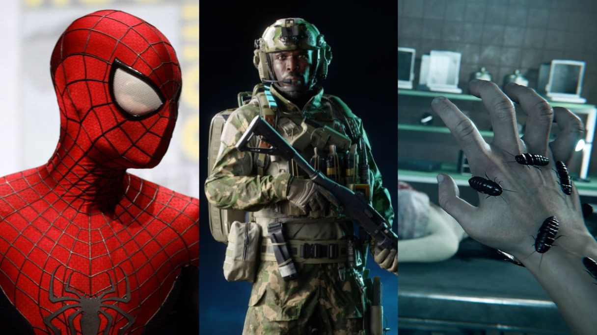 Spider-Man patrzy w swoje lewo, żołnierz z Battlefield 2042 z shotgunem w ręku, ręka cała w karaluchach - kadr z polskiego Autopsy Simulator