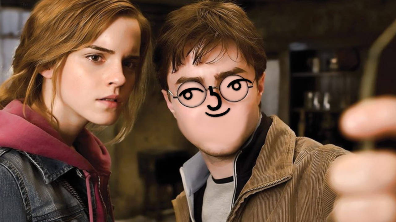 Harry Potter Lennyface i Hermiona przyglądają się czemuś