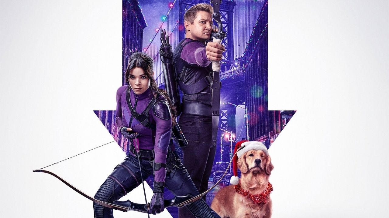 Kate Bishop, Hawkeye i Pizza Dog na plakacie promującym serial z uniwersum