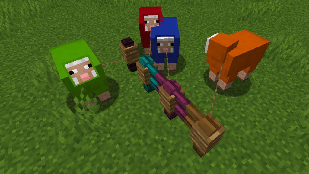 Minecraft - kolorowe owce przyczepione do kolorowych płotków