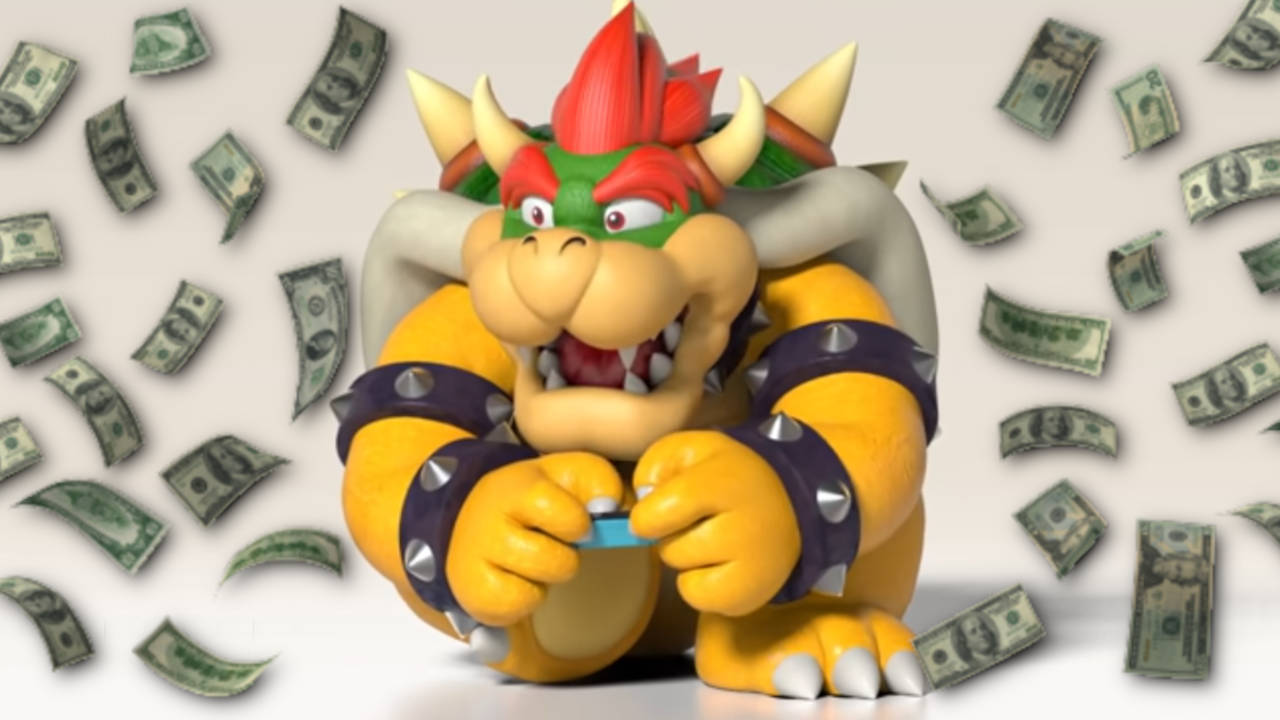 Nintendo - Bowser gra na Switchu, a wokół niego pieniądze