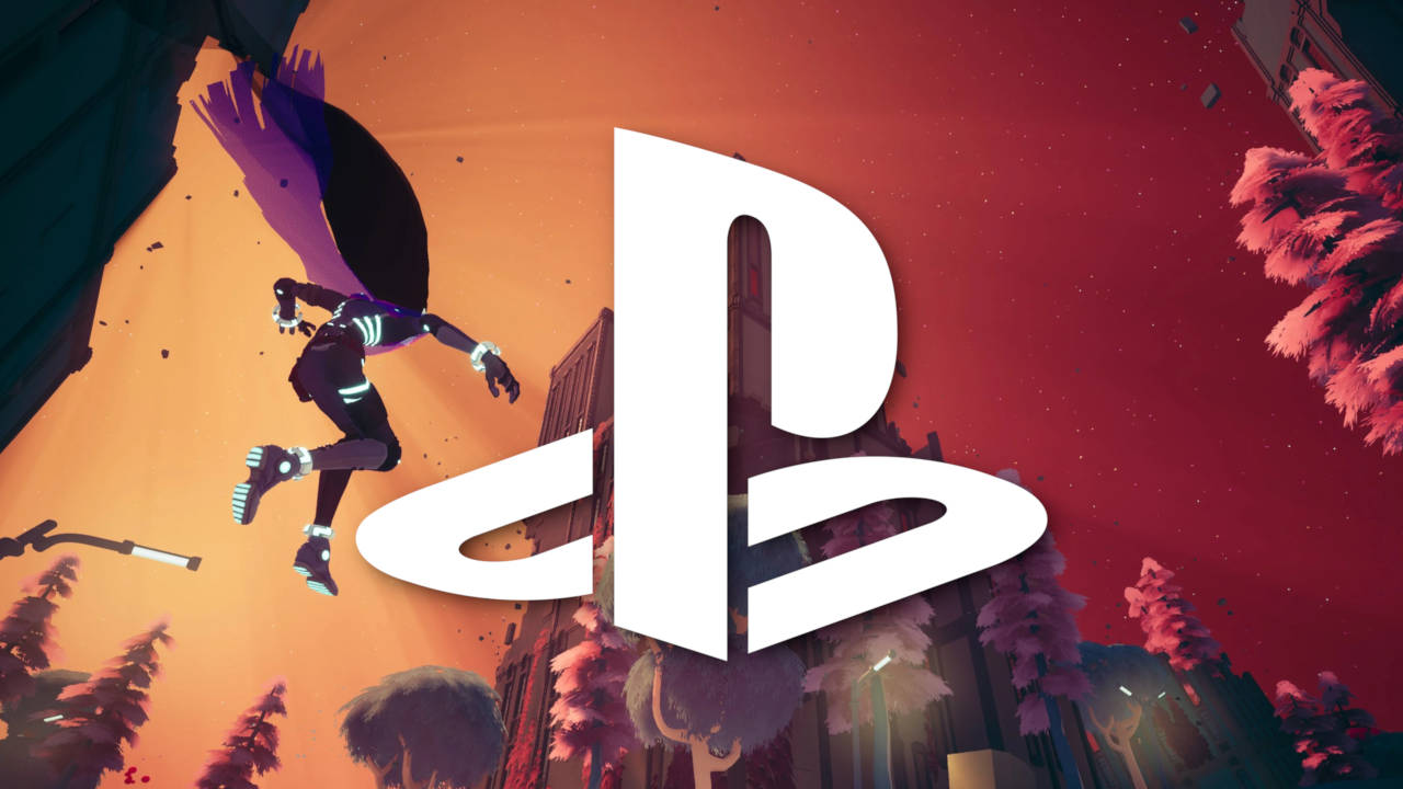 Nowe gry na PS4 i PS5 - logo PlayStation na tle ujęcia z Solar Ash, gdy bohaterka skacze przez rozwalone miasto